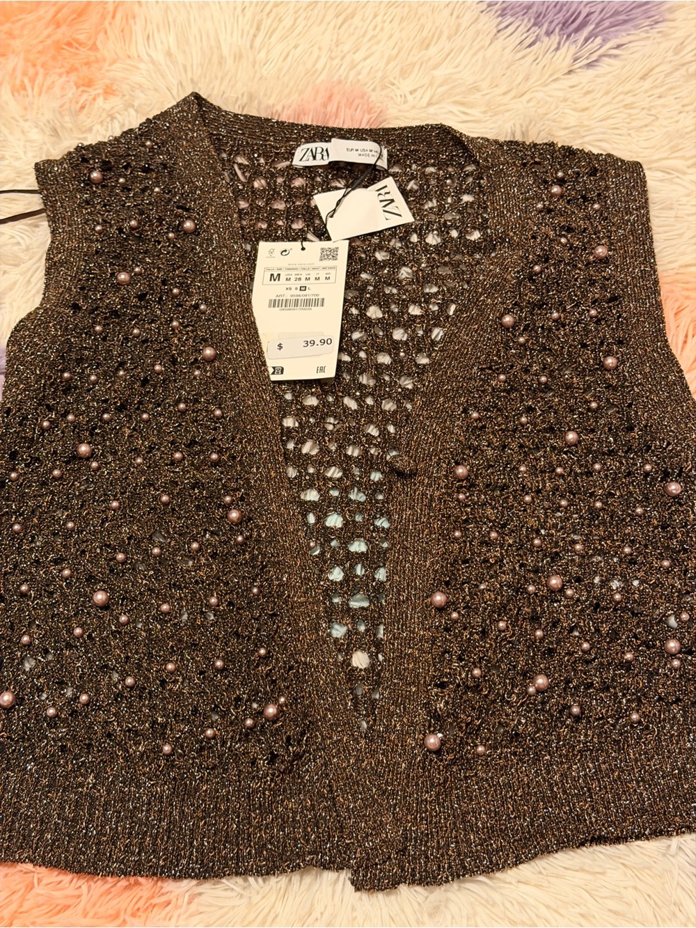 Zara Metallic Brown Beaded Knit Vest